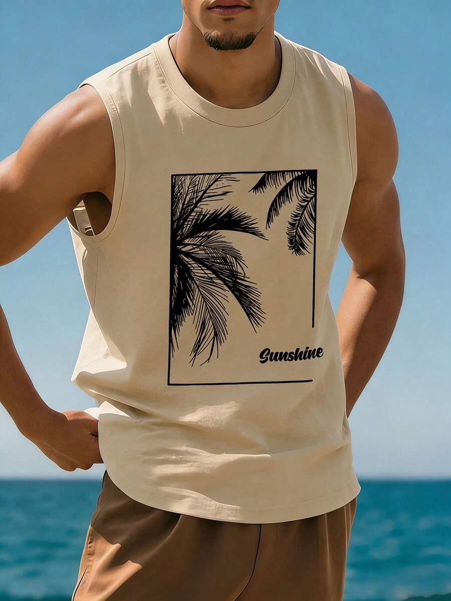 1 chiếc áo tank top nam mùa hè in họa tiết cổ tròn kiểu dáng thường ngày - Màu be - Xem 1