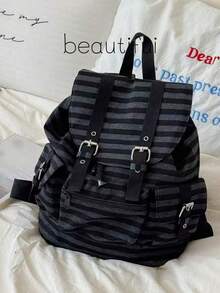 1pc Minimalist Large Capacity Multi-Pocket Striped Backpack, School Backpack Back To School Essentials, Bags For University, University Essentials ,University Bag - Black - View 8