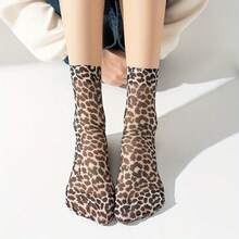 1 Pair Of Retro Classic Leopard Print Stockings, Snake Print Stockings, Summer Flats, Short Stockings, Retro Floral High Elasticity, Comfortable, Breathable, Ultra-Thin Short Stockings - Multicolor - View 2