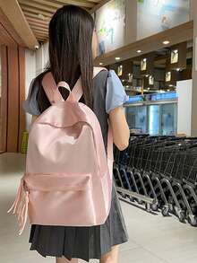 极简浅粉色双肩包，柔软尼龙材质，休闲双肩包，带前袋，女士款 - A - 查看 7