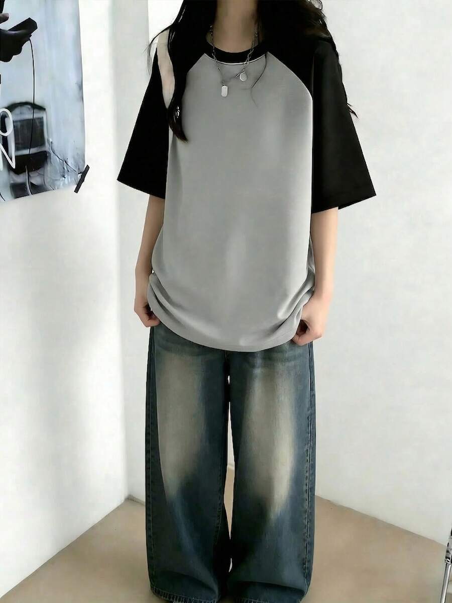 女士撞色圆领休闲日系纯色短袖T恤,春夏款 - 深花灰 - 查看 1