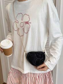 新款独特小众玫瑰蕾丝晚宴包，时尚别致斜挎包，简约单隔层包 - 黑色 - 查看 4