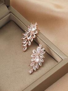 1 Pair Luxury Floral Cubic Pendant Earrings, Bridal Wedding Jewelry Girlfriend - 金色 - 查看 4