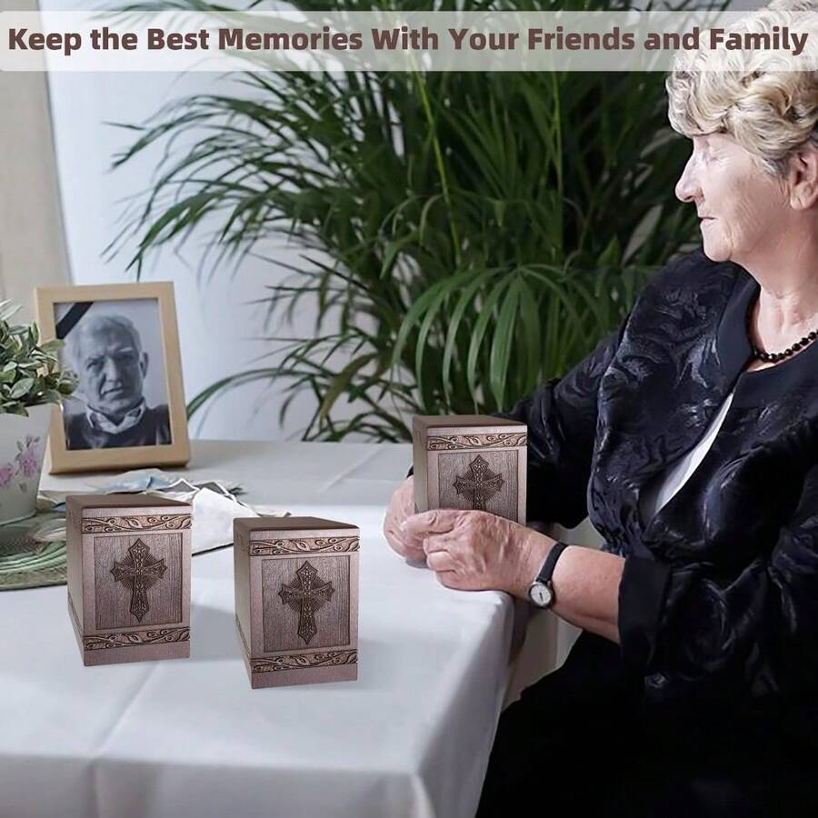 Cremation Urns For Human Ashes Adult Male Female, Wooden Carved Cross Urns Box And Casket For Ashe Men Women Child, Pets Cat Dog Urn, Burial Funeral Memorial Urns For Ashes, Holds 222 Cubic Inch - Small - Set 3 Keepsake Urn - View 1