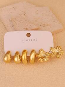 6/18pcs Fashion Earring Set, Featuring Everlasting Flower, Diverse C-Shape, Teardrop, Five-Petal Flower, And Asymmetric Floral Designs. Made Of ABS Resin With UV Plating, Hypoallergenic And Elegant, Suitable For Daily Wear, Parties And Gifting To Friends Or Mothers. - Gold - View 8