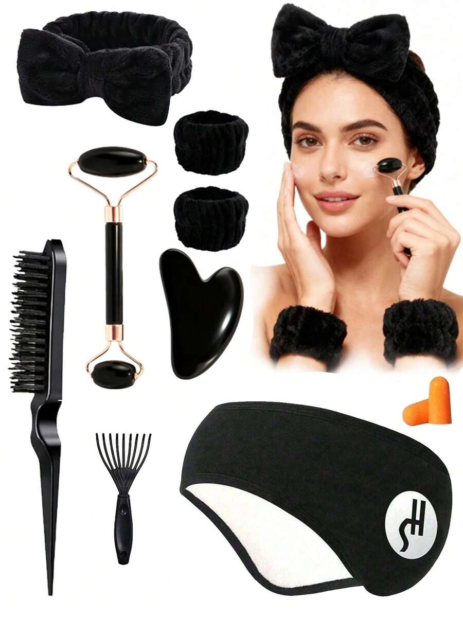 1/2/3/5/10件套面部、眼部、头部美容护理及按摩工具套装 - 包括面部按摩刮痧板、滚轮、头带、腕带、眼罩、耳塞、发梳、发梳清洁刷，适合女士、女孩、美容院、美容旅行、返校季和假期必备。 - 多色 - 查看 1