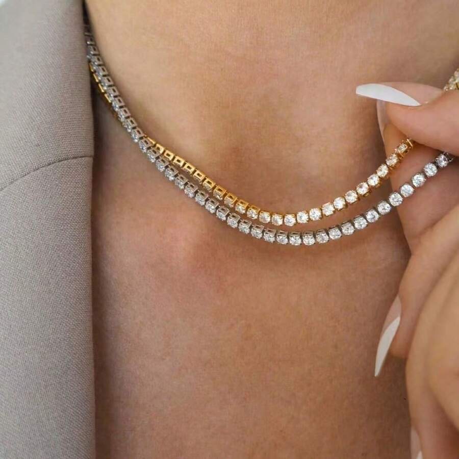 时尚网球项链，轻盈奢华立方氧化锆金/银十字吊坠项链，男女皆宜 - Necklace - 查看 1