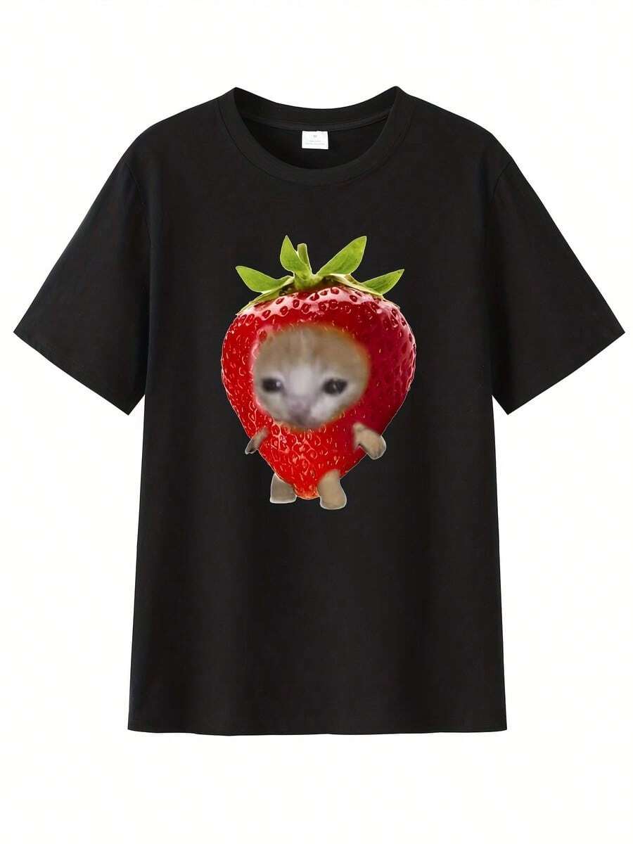 Summer Fashion Casual Simple Cartoon Cute Strawberry Cat Sticker Print Crew Neck T-Shirt - Black - View 1