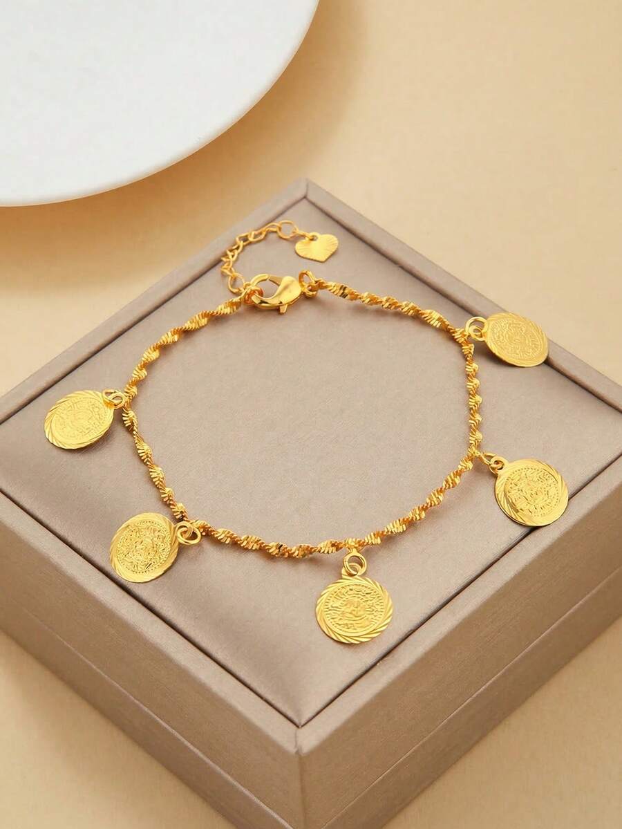 女士时尚硬币脚链，18K镀金铜材质，适合海滩、派对、节日礼物、日常佩戴。