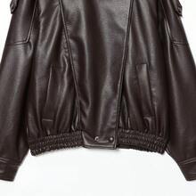 Chaqueta de cuero sintético holgada para mujer de otoño e invierno, chaqueta de motocicleta de moda de calle con bolsillos con cremallera - Café integral - Ver 8