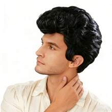 1pc Men's Fashionable Black Wavy Disco Wig, 50s Rock Star Role Play Synthetic Hair - Multicolor - View 5