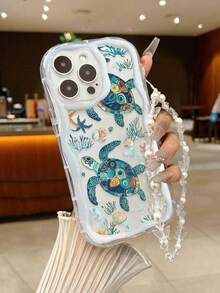 Cream Ripple Wave Glossy Oil Paint Sea Turtle Pattern Shockproof Phone Case, Comes With Beaded Bracelet, Fits 17/17Pro/17 Pro Max/16/16 Pro/16 Pro Max/15/15 Pro/15 Pro Max/14/14 Pro/14 Pro Max/13/13 Pro/13 Pro Max/12/12 Pro/12 Pro Max/11/11Pro/11 Pro Max - Multicolor - View 1