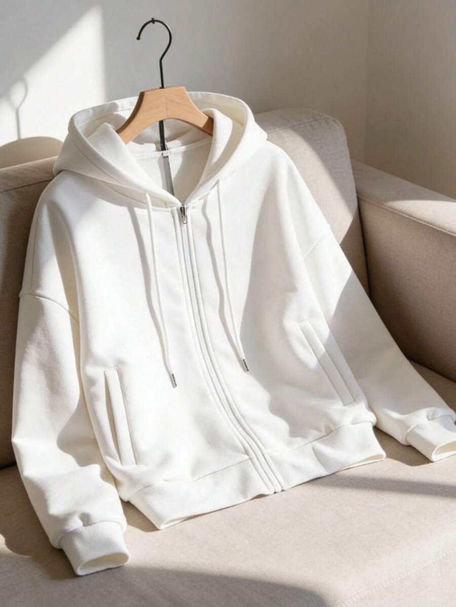 Women's Fashion White Zip-Up Hoodie - Casual Geometric Pattern Polyester Sweatshirt, Machine Washable And Dry Cleanable, Ideal For Spring And Autumn, Sweater-Style Hoodie - White - View 1
