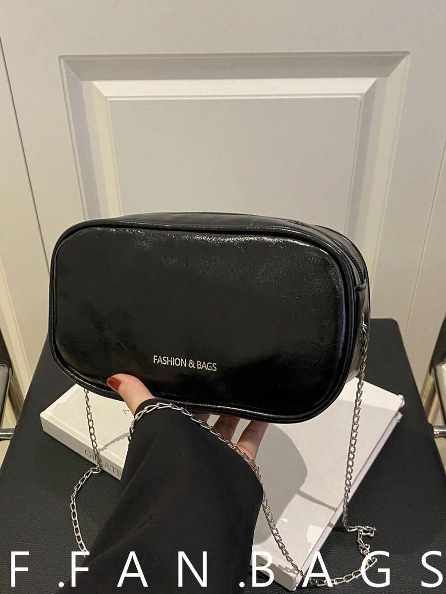 简约女士小方肩包，时尚斜挎包，配链条肩带 - 黑色 - 查看 1