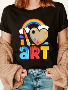 Camiseta de Mujer con Estampado de Lápiz de Artista en Forma de Corazón Arcoíris - Top Casual de Manga Corta y Cuello Redondo, Ropa de Primavera/Verano, Regalo para Artistas y Entusiastas del Arte - Negro - Ver 2