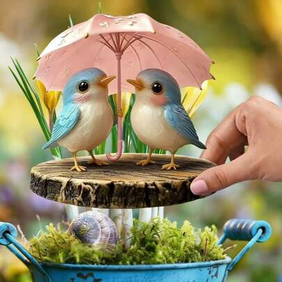 2D亚克力可爱蓝鸟撑伞花园花盆插牌装饰