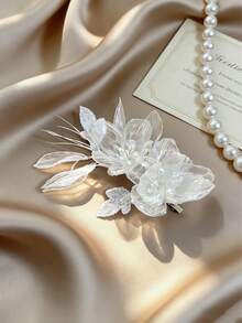 1件装女童珍珠薄纱3D花朵流苏发夹，婚礼伴娘盘发发饰 - 彩色 - 查看 2