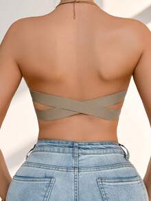 Lencería de mujer gris con espalda cruzada, sujetador bandeau sin tirantes, con relleno extraíble, sujetador sin relleno - Gris - Ver 6