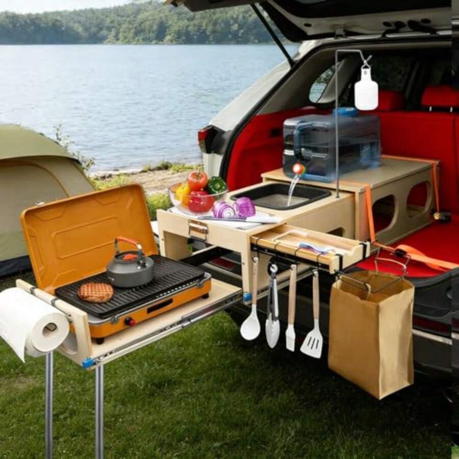 Wooden Overland Camping Slide-Out Kitchen With Drawer Left Side For SUV/Storage Space For 2 Burners Stove Folding Design - 左側(駕駛側) - 查看 1
