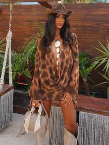 Women's Elegant Brown Leopard Print Draped Cold Shoulder Batwing Long Sleeve Mini Dress, Perfect For Party & Casual Wear Enterizos De Mujer Elegantes - màu nâu - Xem 3