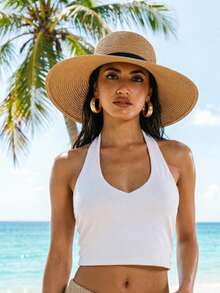 1 buah Topi Matahari Jerami Wanita, Topi Pantai Bertepi Lebar untuk Musim Semi/Panas, Perlindungan Matahari, Liburan, Gaya Bohemian - Khaki - View 2