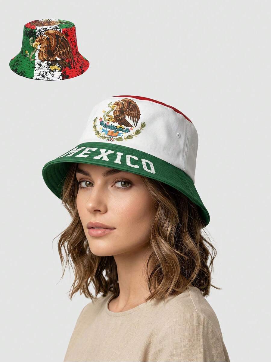 1 pieza Sombrero de cubo reversible con estampado, sombrero de cubo de ala ancha con protección solar de estilo europeo y americano, diseño creativo de dibujos animados mexicanos - A - Ver 1