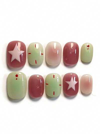 10pcs It's Named Berry Green Sequence. This Manicure Features A Soft Gradient Blend Of Berry And Mint Tones, Paired With Oversized Star Motifs, Tiny Red Dot Accents, And Delicate Starburst Details. The Glossy Finish Catches Light Like A Sweet Berry Wrapped In Fresh Mint, Creating A Playful, Refreshing Vibe That's Both Cozy And Lively.