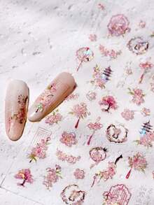 1pc Romantic Pink Peach Blossom Tower Circular Fan Hollowed Window Tassel Pendant Antique Tree Chic Nail Art Stickers Manicure Decal - Pink - View 4