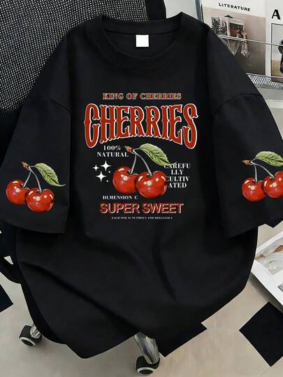 樱桃字母印花圆领休闲加大码女式T恤，适合夏季度假、海滩、节日、春季、情人节、狂欢节、母亲节等场合作为礼物。