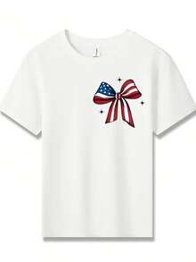 American Honey 4th Of July Bow Cartoon Print T-Shirt, 180g Soft, Comfortable, And Breathable Children's Short-Sleeve Shirt, Suitable For All Seasons, Perfect For Boys And Girls For Daily Commuting, School, And Casual Sports Wear. A Round-Neck Top Ideal For Holiday Parties, Gatherings, Outdoor Activities, And Travel. - 白色 - 查看 2
