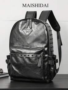 A Black PU Leather British-Style Retro Double Shoulder Bag, Large-Capacity Backpack, Streetwear And Personalized Korean Fashion Rivet Student Unisex Travel Backpack - Black - View 8