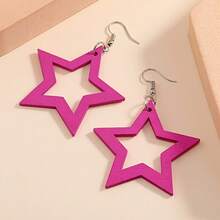 Wooden Minimalist Geometric Rose Pink Exaggerated Easy Punk Rock Y2K Star-Shaped Long Hollow Pendant Earrings Additions - 粉色 - 查看 6