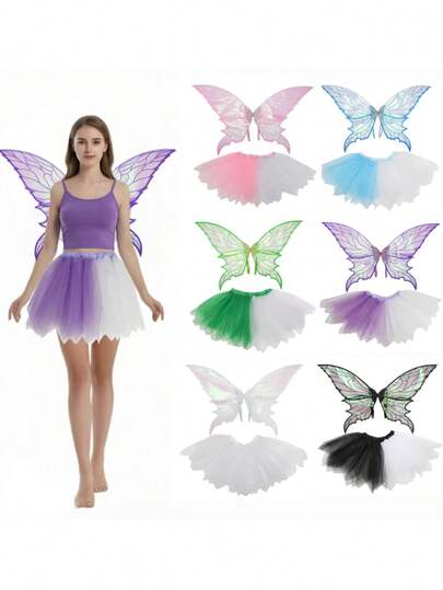 Colorful Fairy Angel Butterfly Wing Tulle Skirt Set, For Holiday Party, Halloween Performance Props