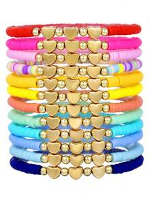 Set de 12 piezas de pulseras de arcilla blanda con cuentas con diseño de corazón que brillan en la oscuridad, en colores y estilos aleatorios, adecuado para festivales, celebraciones y regalos - Multicolor - Ver 8