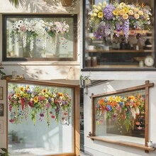 1/4片装花藤静电玻璃窗膜，悬挂式花篮贴纸，可移除花卉窗贴，适用于客厅咖啡厅装饰，美观的房间玻璃装饰 - 彩色 - 查看 11