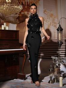 Đầm đen gợi cảm cổ cao không tay, kiểu dáng dễ thương, ngọt ngào, thời trang, đính sequin họa tiết hoa 3D, dáng ôm dài đến đầu gối, thích hợp cho đám cưới, phù dâu, dự tiệc, lễ hội, hẹn hò, dạ hội. - màu đen - Xem 3