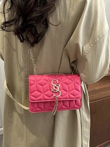 Fashionable Versatile Textured Chain Strap Crossbody Bag - Hot Pink - View 2