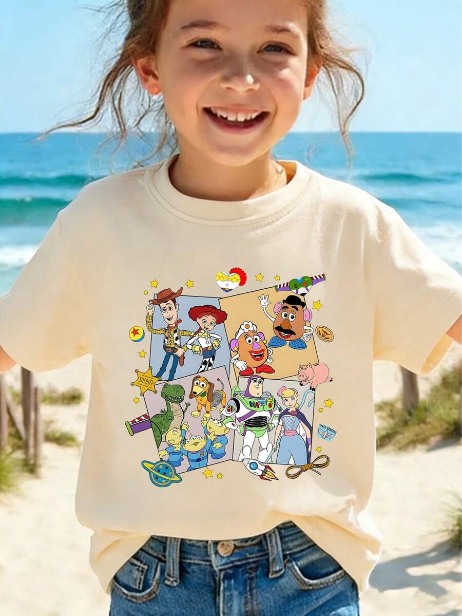 Disney Toy Story Character Collage Girls T-Shirt, Woody & Friends Printed Tee For Toddlers & Big Kids 2-14 Years, Soft Breathable Top For Summer Daily Wear Express Delivery - 杏色 - 查看 1