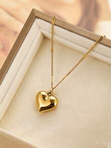 1 Stainless Steel Heart-Shaped Necklace Luxury Three-Dimensional Love Pendant Clavicle Chain Simple Smooth Element Gold Ins Style Female Daily Commuting Valentine's Day Gift. - necklace - View 6