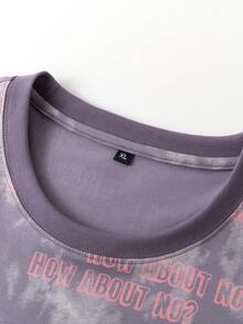 男士休闲运动字母图案圆领落肩T恤，夏季 - 紫色 - 查看 4