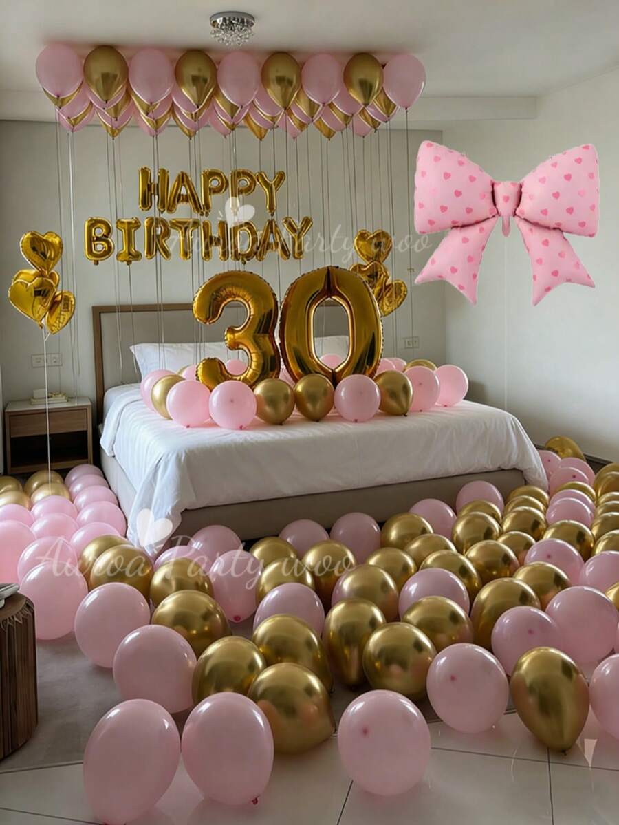 67件組粉色與金色生日派對裝飾套組,金色生日快樂橫幅,粉色蝴蝶結鋁箔氣球,適用於生日派對用品、驚喜派對、公主生日派對、房間裝飾、週年慶祝鋁箔氣球裝飾 - 金色數字生日 - 查看 1