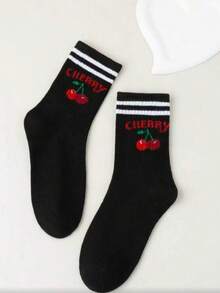 1/2 Pairs Women Casual Striped Pattern Breathable Moisture-Wicking Crew Socks, Suitable For Spring - Multicolor - View 4