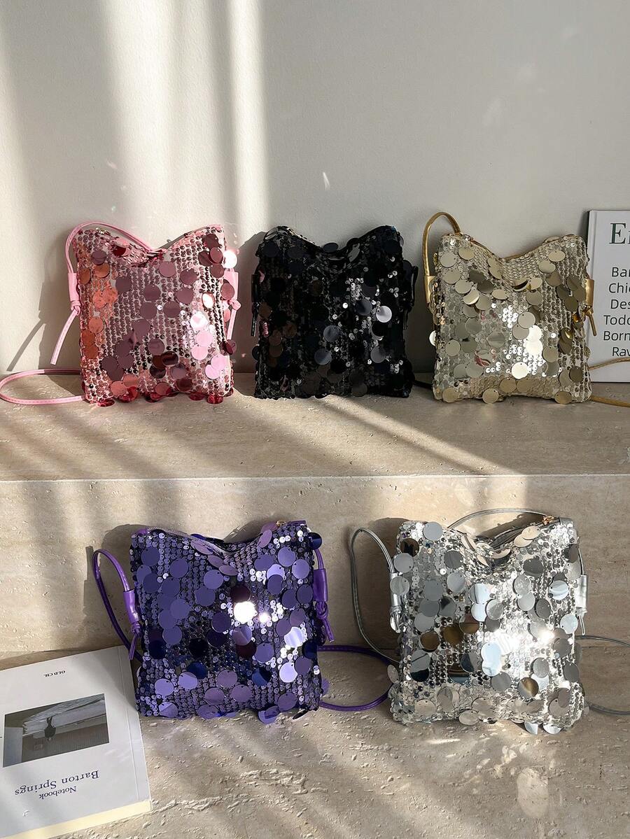 1个绗缝亮片翻盖PVC零钱包，时尚闪亮亮片手拿包，女士派对活动包，新款时尚链条斜挎包，闪亮亮片独特单肩包，适合女士宴会和派对出席