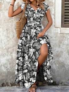 Novo Vestido Longo Boho de Estampa Tropical Plus Size - Vestido Maxi Elegante com Decote em V, Cintura Franzida e Babados para Mulheres em Férias, Verão Preto - Preto - Visão 4