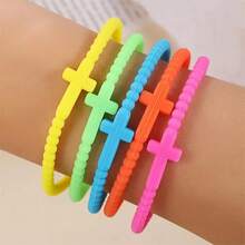 Set de 5 piezas Pulseras de silicona de colores macaron con cruz, estilo de moda simple para mujeres y hombres, pulseras de la , regalos - BR25Y0282-3 - Ver 2