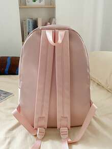 极简浅粉色双肩包，柔软尼龙材质，休闲双肩包，带前袋，女士款 - A - 查看 3