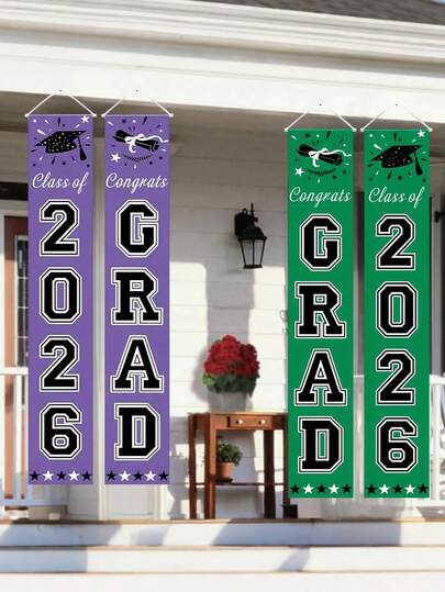 Trang trí lễ tốt nghiệp năm 2026 màu tím và xanh lá cây, biểu ngữ chúc mừng tốt nghiệp phù hợp với mọi trường học hoặc cấp học, đồ trang trí tiệc tốt nghiệp năm 2026, phụ kiện chụp ảnh tiệc tốt nghiệp.