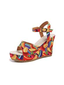 Women's Blue Summer Vacation Style Straw Woven Platform Wedge Sandals, Ladies' Fashion New Vintage Buckle Design High Heel Shoes, Thick Bottom Espadrille Platforms, Bohemian Beach Shoes For Summer - Multicolor - View 8