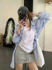 Áo sơ mi nữ cổ bẻ kẻ sọc cài cúc phía trước kiểu dáng thường ngày - Màu xanh lam - Xem 8