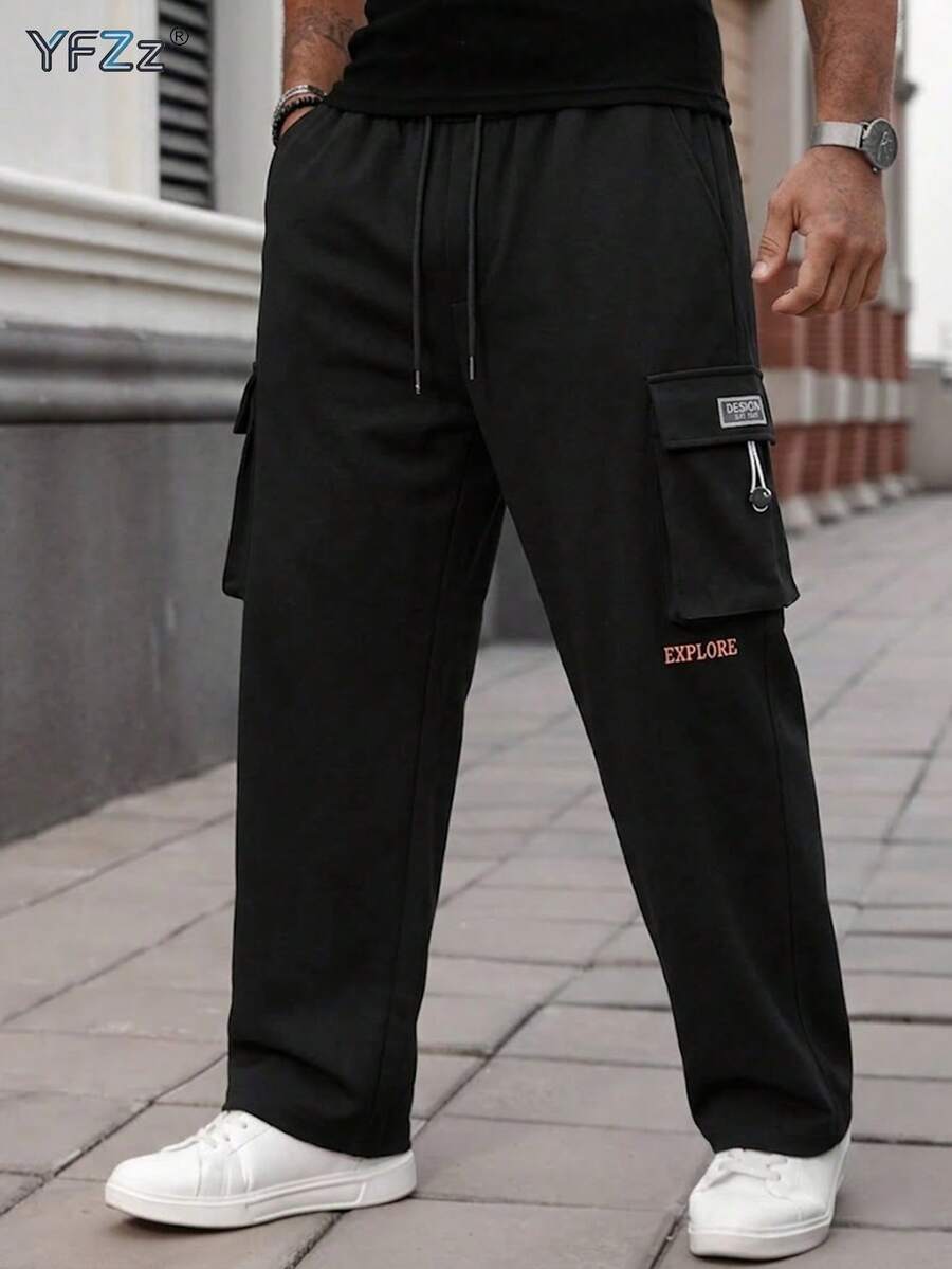 Plus Size Men's Spring/Autumn New American Style Durable Cargo Pants, Multi-Pocket Slimming Long Trousers - Black - View 1